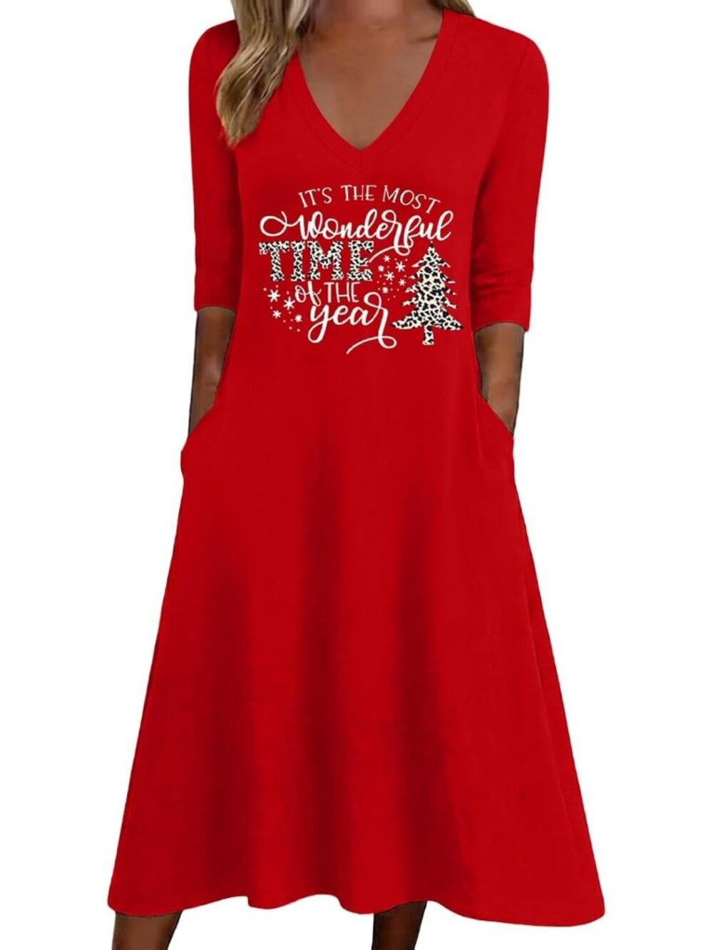 🆕 Women's Christmas Red Dress Most Wonderful Time Graphic V-Neck Pockets